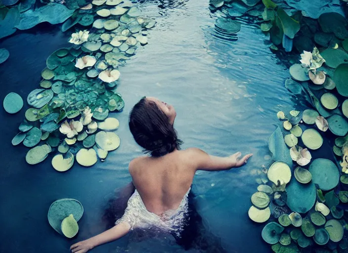 Prompt: half face in the water, nose eyes and mouth out of the water Kodak Portra 400, 8K, soft light, volumetric lighting, highly detailed, britt marling style 3/4, photo close-up portrait of extreme beautiful girl floating in water surrounded by lily pads, half face in the water, a beautiful lace dress and hair are intricate with highly detailed realistic beautiful flowers , Realistic, Refined, Highly Detailed, natural outdoor soft pastel lighting colors scheme, outdoor fine art photography, Hyper realistic, photo realistic