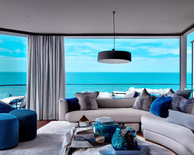 Prompt: A modern living room in a ocean hues style, ocean view, luxurious table, calm, relaxed style, harmony, wide angle shot, 8k resolution, professional lighting