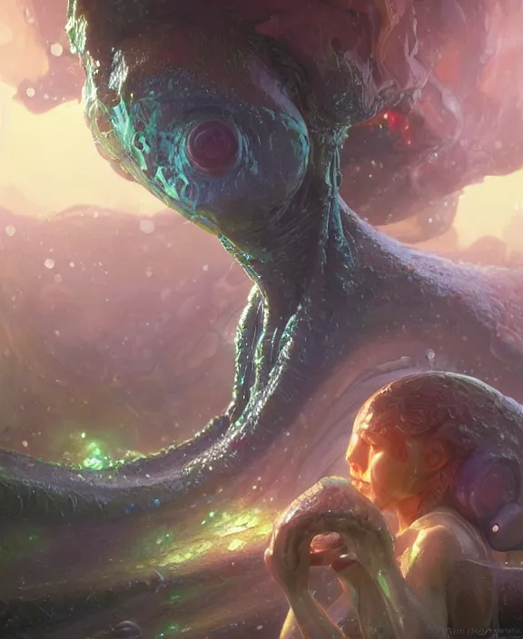 Image similar to portrait of a wet slimy alien fungus creature, adorable, childlike, milky way environment, ultra realistic, concept art, psychedelic, photorealistic, octane render, 8 k, unreal engine. art by christopher marley and artgerm and greg rutkowski and alphonse mucha