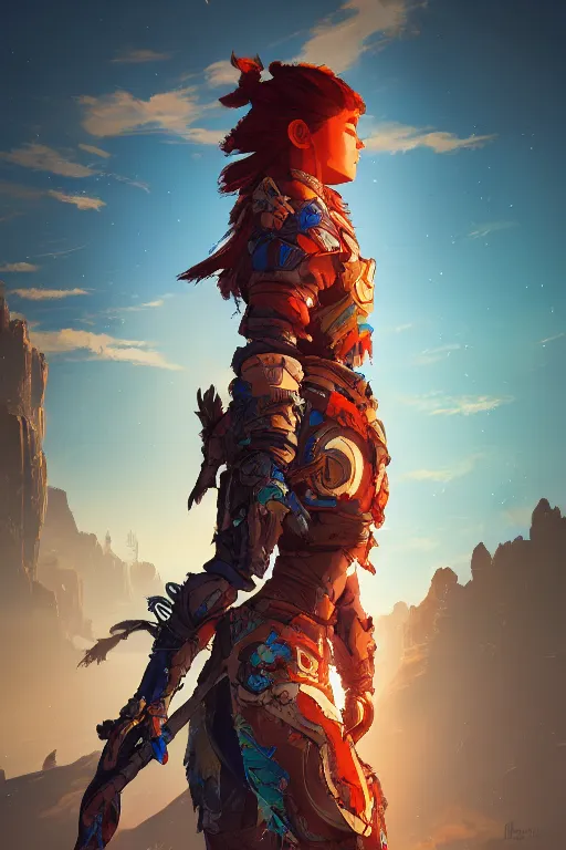 Image similar to combination suit armor aloy horizon forbidden west horizon zero dawn radiating a glowing aura global illumination ray tracing hdr fanart arstation by ian pesty and alena aenami artworks in 4 k tribal robot ninja mask helmet backpack