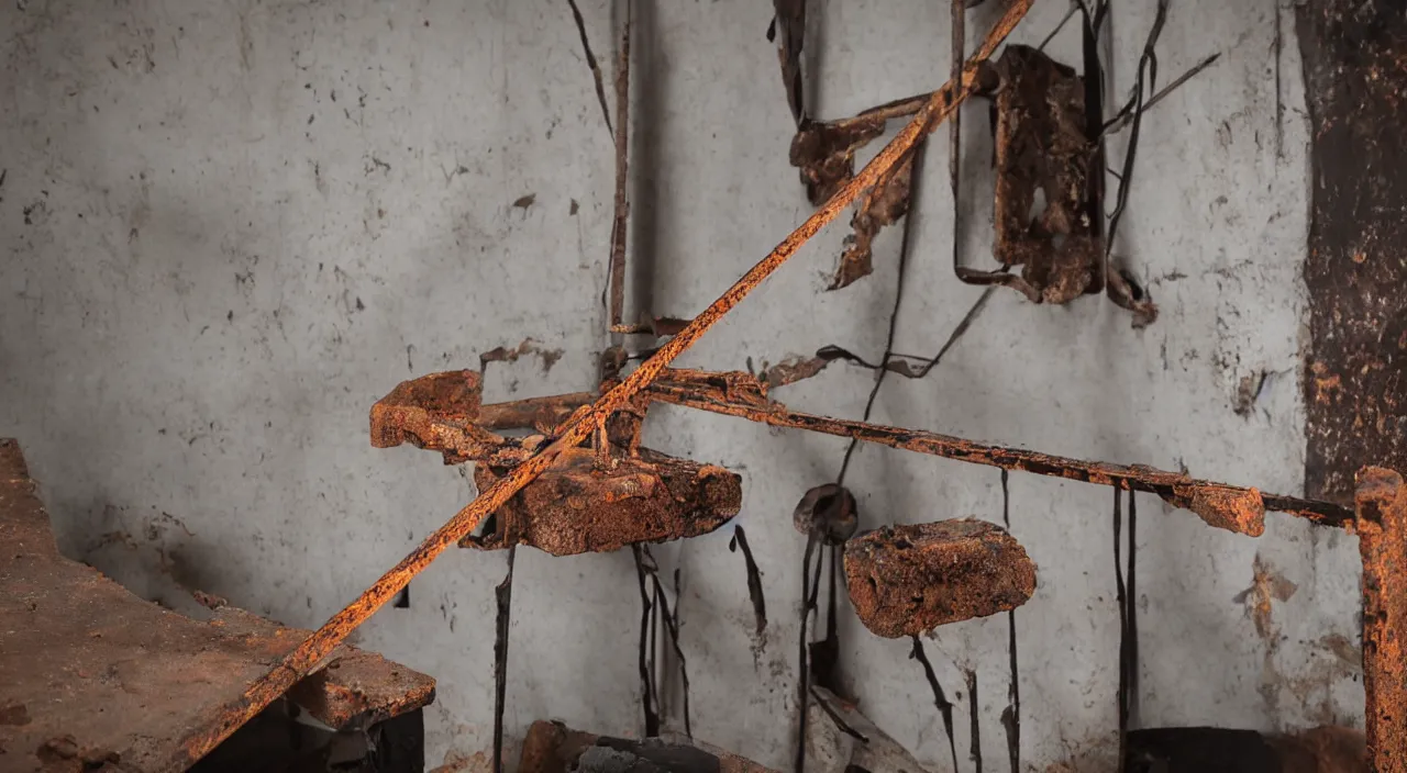 Prompt: radioactive rusty piece of iron rebar rod in the living room 5 5 mm photography footage