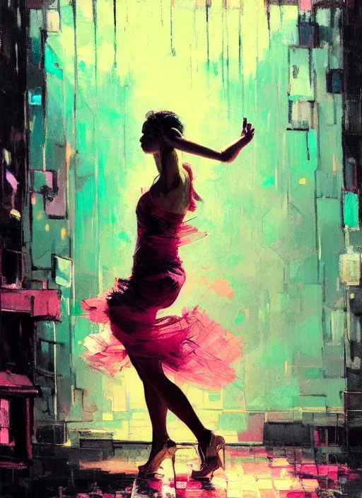 Image similar to nightclub portrait of a beautiful girl, ecstatic dancing, eyes closed, shades of pink, beautiful face, rule of thirds, intricate outfit, spotlight, by greg rutkowski, by jeremy mann, by francoise nielly, by van gogh, digital painting