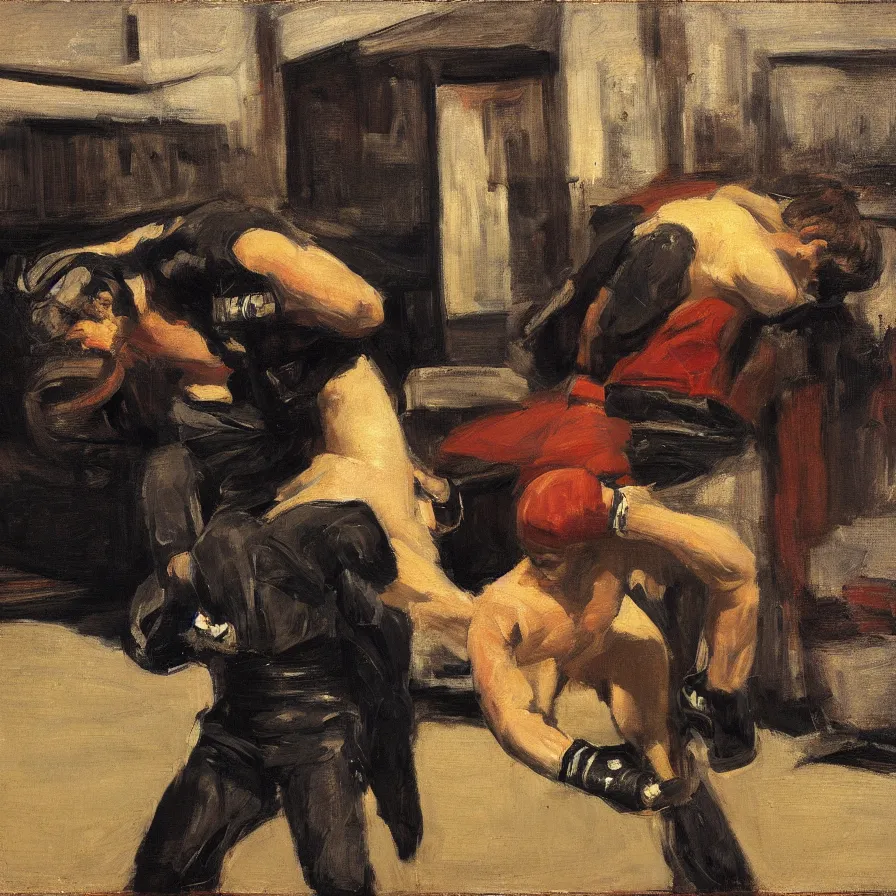 Prompt: a portrait of a boxer in a leather jacket, in the style of george bellows, in the style of edward hopper, 4 k,