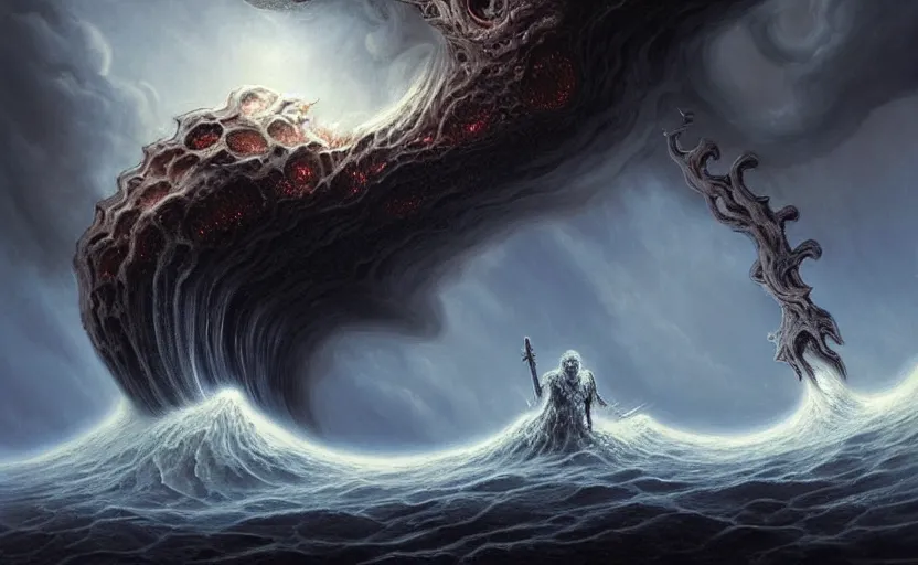 Prompt: beautiful digital fantasy illustration of a demon holding a staff!!, hellish background, a giant wave in the sky, apocalypse art!!!!, apocalypse landscape!!!!!, lovecraftian!!, cosmic horror!!!, concept art by Jarosław Jaśnikowski, a detailed matte painting by Dan Luvisi, cgsociety, fantasy art, highly detailed, soft lighting, rendered in octane, masterpiece, very very very aesthetic