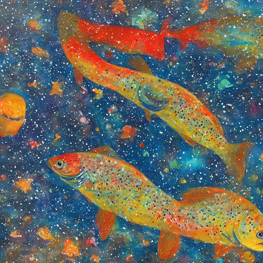 Image similar to a painting of a trout swimming in outer space