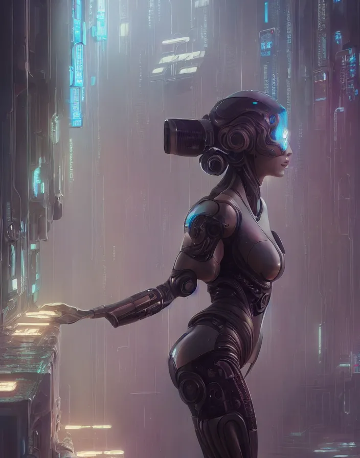 Image similar to crying beautiful female android!, intricate detailed environment, photorealistic!, octane render, mechanical, concept art, cinematic lighting, digital art, cinematic, cgsociety, hyper realism, cyberpunk 8 k. by artgerm and wlop and maciej kuciara and godmachine and moebius and rossdraws and greg rutkowski and alphonse mucha and stanley lau