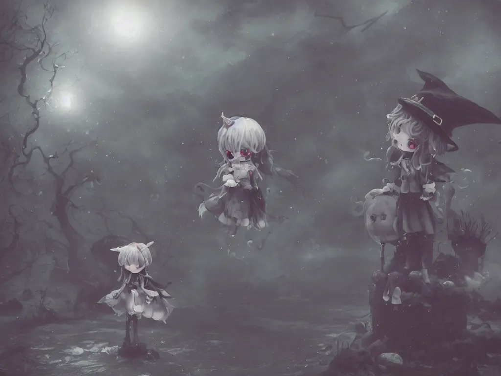 Image similar to cute fumo plush girl witch on a tiny island of concrete brutalist eldritch ruins surrounded by murky river water, dark cursed otherworldly chibi gothic horror wraith maiden, lost in the milky void, hazy heavy magical glowing swirling murky volumetric fog and smoke, moonglow, lens flare, vray