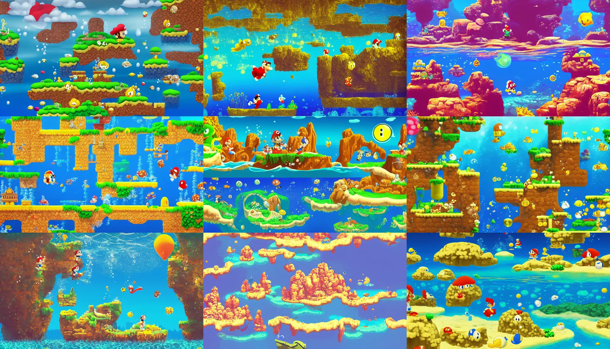 Prompt: beautiful underwater landscape photography in the style of super mario land, realistic soft lighting, canon nikon, instagram photo amazing view, sunny at noon