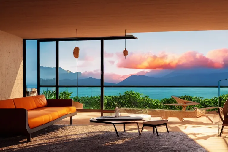 Image similar to big window, mountains in background, cloud forest in background, tropical beach in background, sunset, warm golden hour lighting, holiday vibes, living room, furniture, IKEA catalogue, futuristic, ultra realistic, ultra detailed, cinematic light, anamorphic, wooden floored balcony, by Paul Lehr