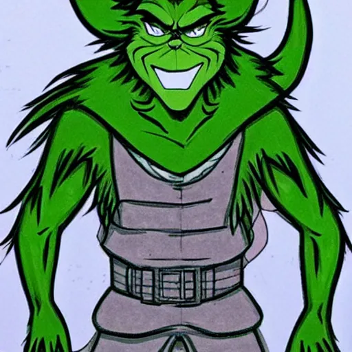 Prompt: anime sketch of The Grinch as a badass villain