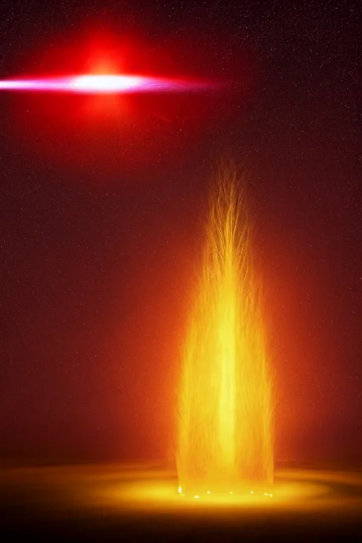 Prompt: Three giant glowing red beacons made out of light in the center of a corn field blasting off into space, 8K UHD