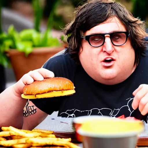 Image similar to andy milonakis eating a burger, 4 k, ultra high detail, photorealistic