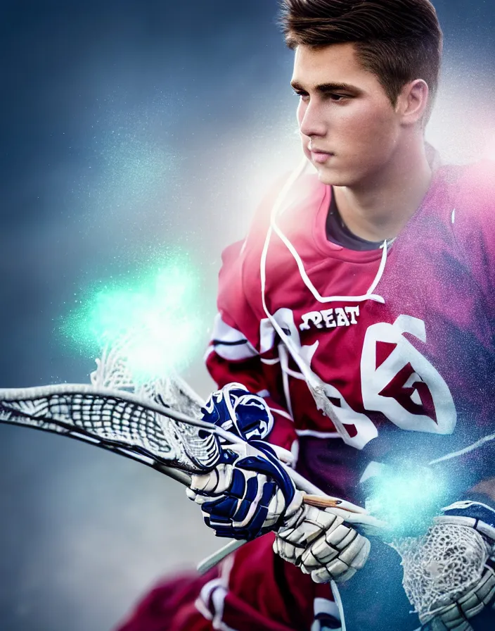 Image similar to closeup portrait of very beautiful cute male lacrosse player in a penn state stadium, glamour pose, particle effects, backlit, highly detailed, soft ambient lighting, sharp focus, rule of thirds, artgerm, wlop, arney freytag, rossdraws, frank frazetta, andrei riabovitchev, hd, octane, 4 k