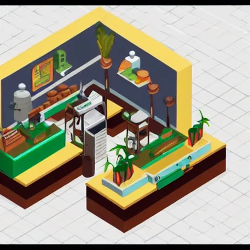 Prompt: cannabis coffee and cake cafe isometric fun 3 d cartoon, beautiful composition structure