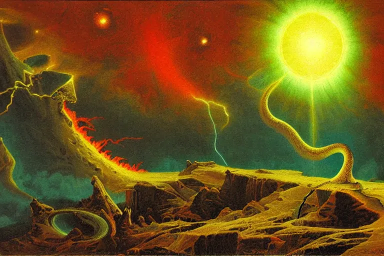 Image similar to mesozoic cosmic upheaval turmoil landscape in the style of dr. seuss, orbital laser bombardment, painting by albert bierstadt