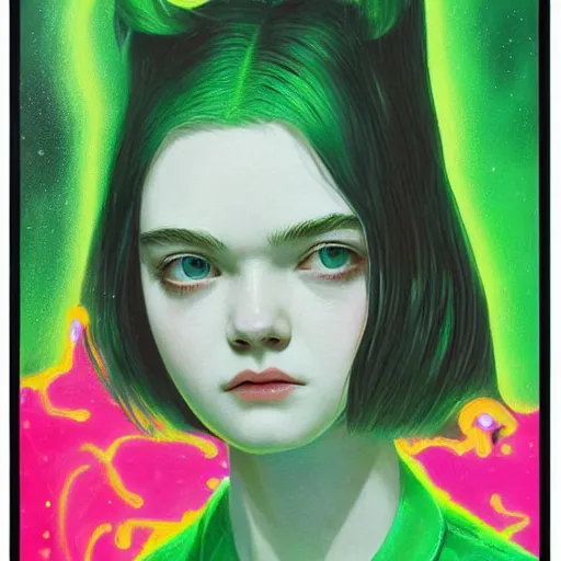 Prompt: Elle Fanning in glowing green radiation picture by Sachin Teng, asymmetrical, dark vibes, Realistic Painting , Organic painting, Matte Painting, geometric shapes, hard edges, graffiti, street art:2 by Sachin Teng:4