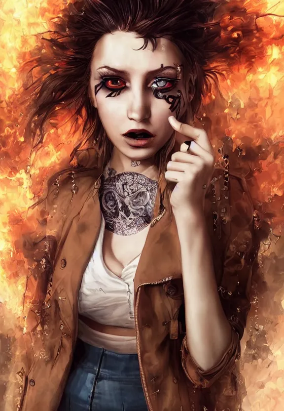 Image similar to full body illustrationf of girl with eyes that burn like cigarettes wearing a short skirt and a long jacket with fingernails that shine like justice, dramatic lighting, photorealistic, full body portrait, detailed anatomy, extreme detail, 4 k, colorful, artgerm and ben lo, octane render, detailed face, f / 2. 8