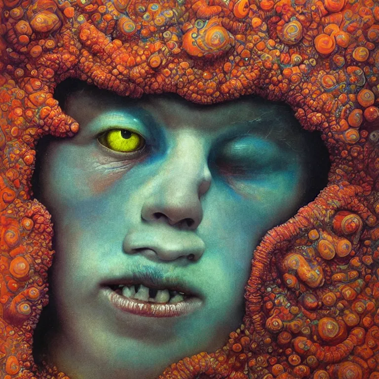 Image similar to Hyperrealistic intensely colored close up studio Photograph portrait of a deep sea bioluminescent Tom Holland, symmetrical face realistic proportions eye contact golden eyes, Smiling in a coral reef underwater, award-winning portrait oil painting by Norman Rockwell and Zdzisław Beksiński vivid colors high contrast hyperrealism 8k