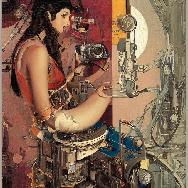 Image similar to robot artist painting a self - portrait on a canvas. intricate, highly detailed, digital matte painting, in the style of alexandros pyromallis, and in the style of sachin teng, and in the style of hans thoma, and in the style of gil elvgren. irony, recursion, inspiration, art nouveau.