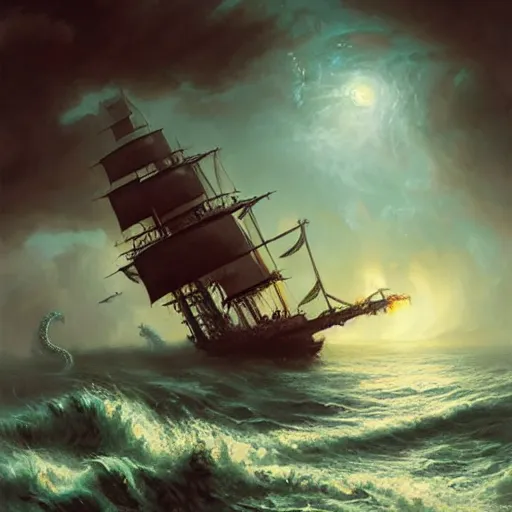 Image similar to A kraken emerging from the stormy ocean depths attacking a 17th century Ship-of-the-line, atmospheric, dramatic, concept art by Peter Mohrbacher