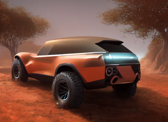 Image similar to wide view shot of a new car for 2 0 3 2 with offroad tires installed. style by petros afshar, christopher balaskas, goro fujita, and rolf armstrong. car design by dmc and land rover.