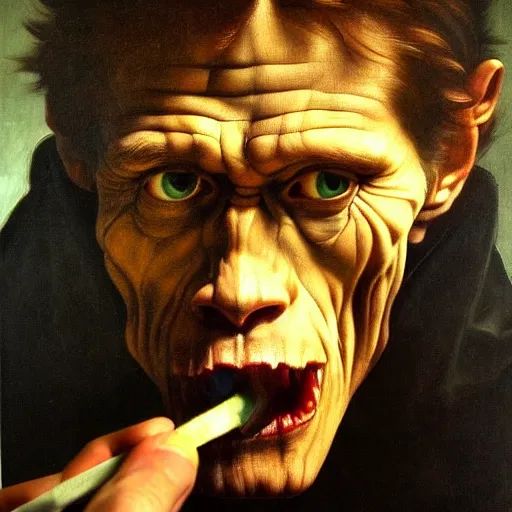 Prompt: close up portrait of willem dafoe eating an entire horse, oil painting, high detail, dark lighting, atmospheric, extremely detailed, intricate, da vinci, michelangelo, caravaggio, hans holbein, raphael, donatello, 8 k