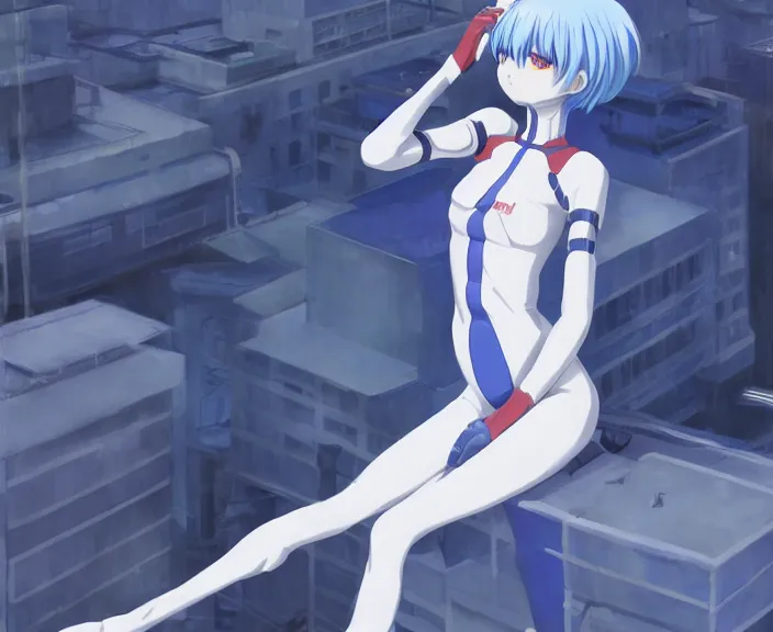 Image similar to anime art, fullbody shot of female rei ayanami, evangelion, long blue hair and large eyes, finely detailed perfect face, in a pale skintight plugsuit, sitting on rooftop, flooded city, trending on pixiv fanbox, by ilya kuvshinov, sola digital arts,, raytracing