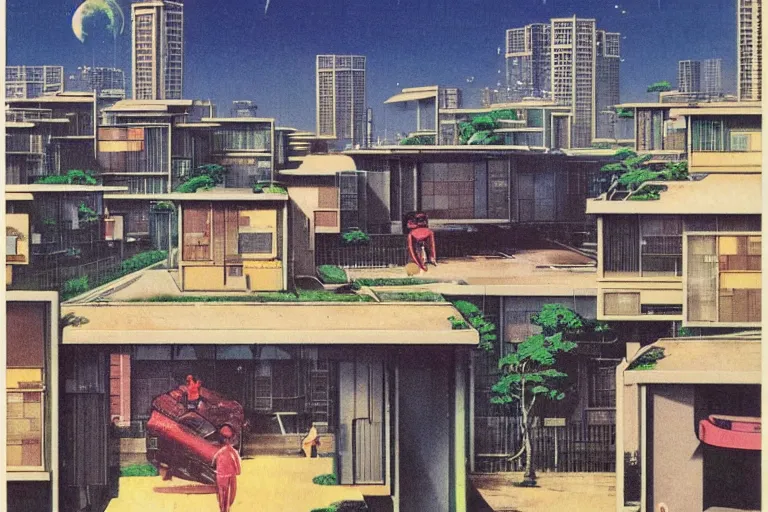 Image similar to 1 9 7 9 omni magazine cover of gated community in osaka. large modern houses. cyberpunk style by vincent di fate