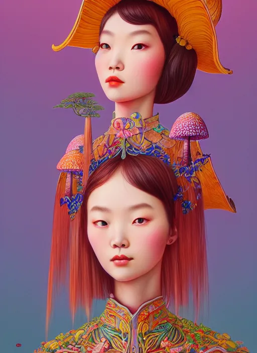 Image similar to pretty yunnan girl with mushroom : : by martine johanna and simon stalenhag and chie yoshii and casey weldon and wlop : : ornate, dynamic, particulate, rich colors, intricate, elegant, highly detailed, centered, artstation, smooth, sharp focus, octane render, 8 k