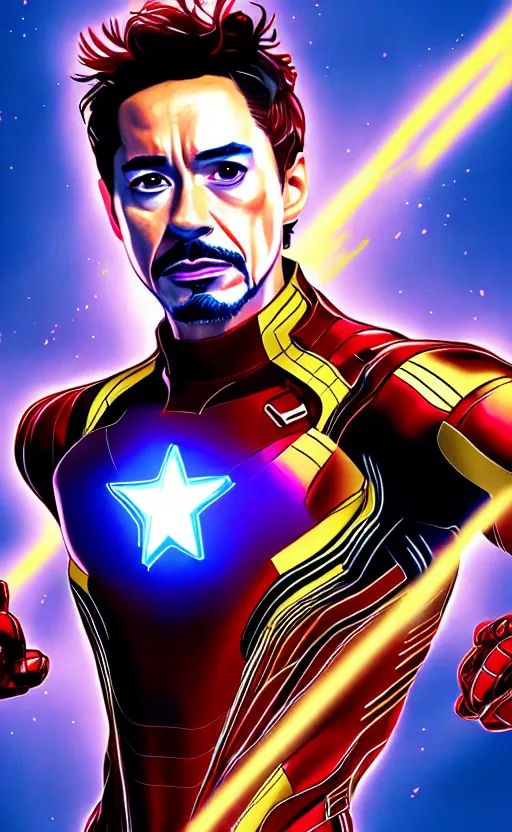 Image similar to portrait of robert sheehan as tony stark from the avengers infinity war, marvel concept art, hyperrealistic, detailed, accurate illustration, dramatic lighting, action pose