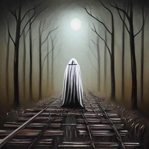 Prompt: ominous bedsheet ghost standing on train tracks in the forest, oil painting, brush strokes, gloomy foggy atmosphere, symmetrical, full body image, highly ornate intricate details,