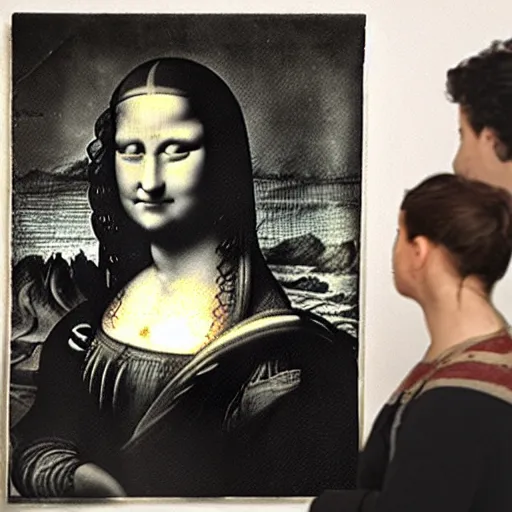 Image similar to rare old photo from behind of leonardo da vinci painting his unfinished painting of monalisa date 1 5 0 3