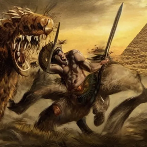 Prompt: a wild beast warrior defeating 1 0 0 0 men army in egypt