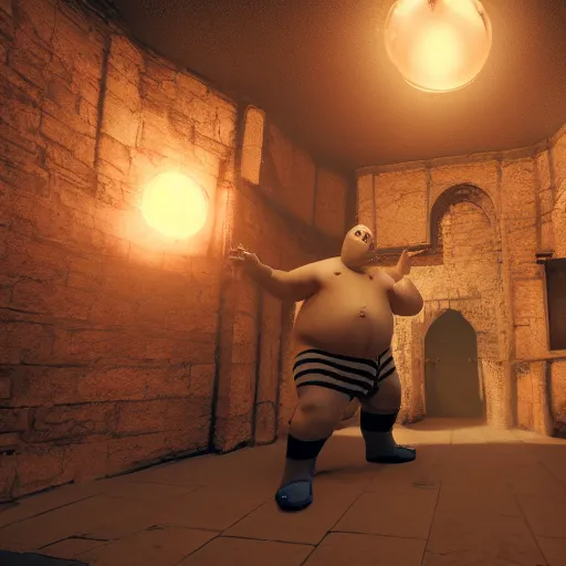 Image similar to Third person perspective of an obese man defending himself with magic against creatures in a dungeon. Octane & Unreal Engine 4 & Photography. Ray-Traced