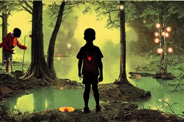 Image similar to a scenic view of a black boy talking to a phatom in the middle of a magical forest with glow-worm lights near a lake, detailed, cinematic, dramatic scene, retro illustration by Norman Rockwell.