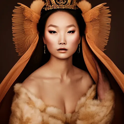 Image similar to beautiful elegant mongolian princess royalty portrait in a sensual pose, she is spreading her wings, face centered portrait, full face makeup, confident, fog, volumetric lighting, beautiful, golden hour, sharp focus, ultra detailed, conceptartworld by leesha hannigan, ross tran, thierry doizon, kai carpenter, ignacio fernandez rios