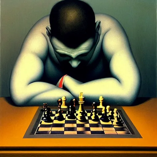 Prompt: Portrait of a man thinking hard and playing chess, Edward Hopper and James Gilleard, Zdzislaw Beksinski, Mark Ryden, Wolfgang Lettl highly detailed, hints of Yayoi Kasuma