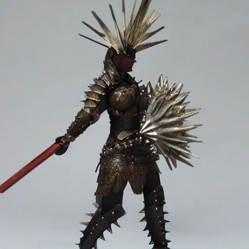 Prompt: female warrior with spiky armour holding a mace,