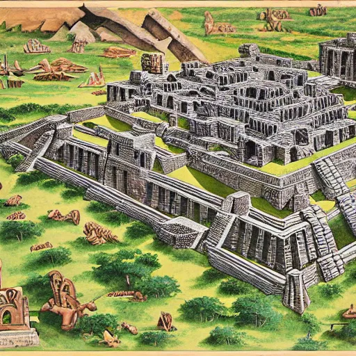 Prompt: extremely detailed map of aztec ruins, by robert mccall