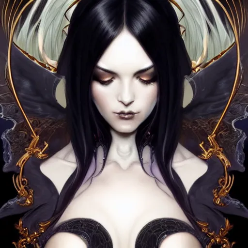 Prompt: Portrait of an Immortal Astral Succubus with platinum black hair as 2B, asian, D&D, fantasy, intricate, elegant, highly detailed, digital painting, artstation, concept art, matte, sharp focus, illustration, art by Artgerm and Greg Rutkowski and Alphonse Mucha