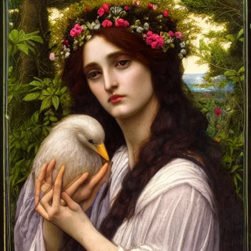 Image similar to Beautiful Pre-Raphaelite goddess of nature holding a little bird, in the style of John William Godward and Dante Gabriel Rossetti, close-up portrait, head in focus, flowers and plants, etheric, moody, intricate, mystical,