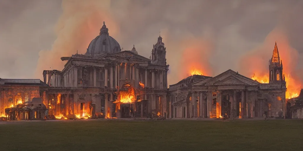 Image similar to photography of Basilica of St Peter collapsing in flames and dark smoke, vfx by weta digital, cinematic, rule of thirds, golden ratio, evening, photography by Annie Leibovitz