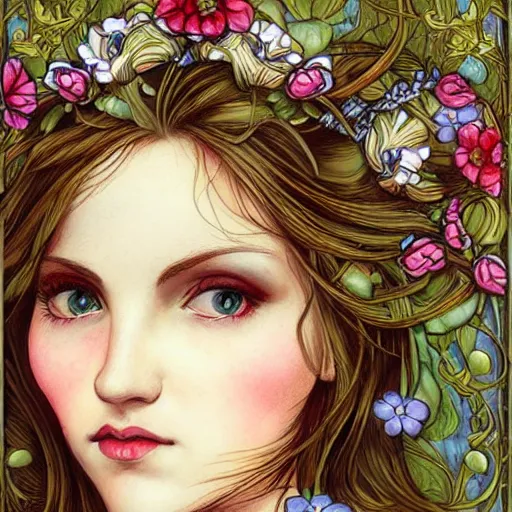 Prompt: realistic detailed face portrait of a beautiful woman with flowers in her hair by jenny savilla, fairytale, art nouveau, victorian, neo - gothic, character concept design, smooth, extremely sharp detail, finely tuned detail, story book design, storybook layout