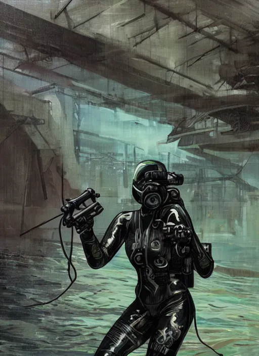 Image similar to Maryanne. USN blackops operator emerging from water at the shoreline. Operator wearing Futuristic cyberpunk tactical wetsuit and looking at an abandoned shipyard. Frogtrooper. rb6s, MGS, and splinter cell Concept art by James Gurney, Alphonso Mucha. Vivid color scheme.