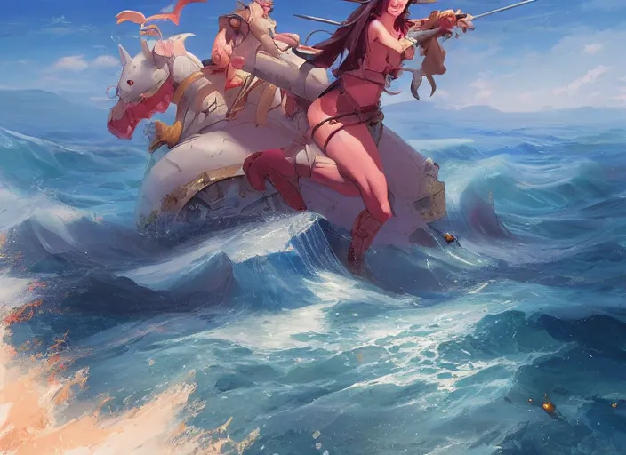 Prompt: cover concept art of medieval battles in the sea, princess of the seas, volumetric lighting, official fanart behance hd artstation by Jesper Ejsing, by RHADS, Makoto Shinkai and Lois van baarle, ilya kuvshinov, rossdraws