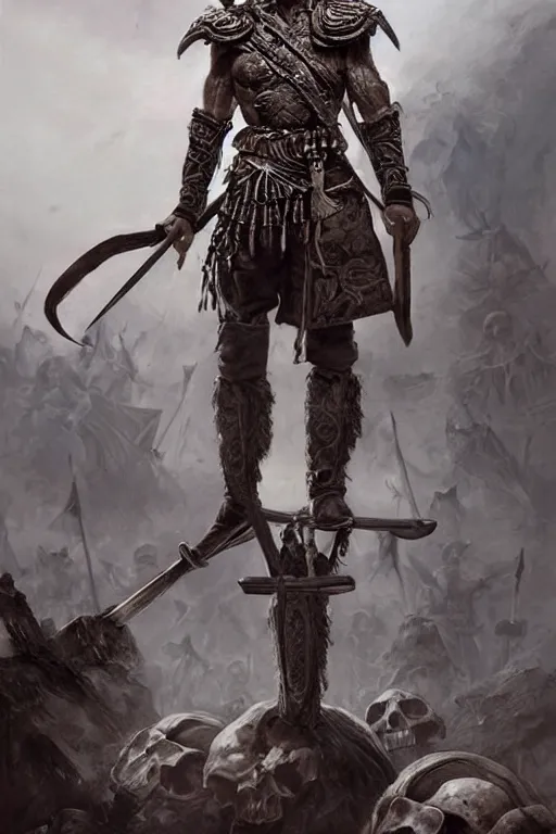 Image similar to a distant shot of a Ukrainian barechest cossack with a sword standing alone on a pile of skulls as a winner, masculine figure, D&D, fantasy, intricate, elegant, highly detailed, extremely detailed, digital painting, artstation, concept art, matte, sharp focus, symmetrical, illustration, art by Artgerm and Greg Rutkowski and Alphonse Mucha