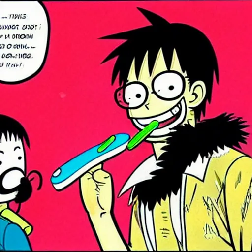 Prompt: a person with a toothbrush in their mouth, a comic book panel by Eiichiro Oda, trending on pixiv, les nabis, booru, anime, official art