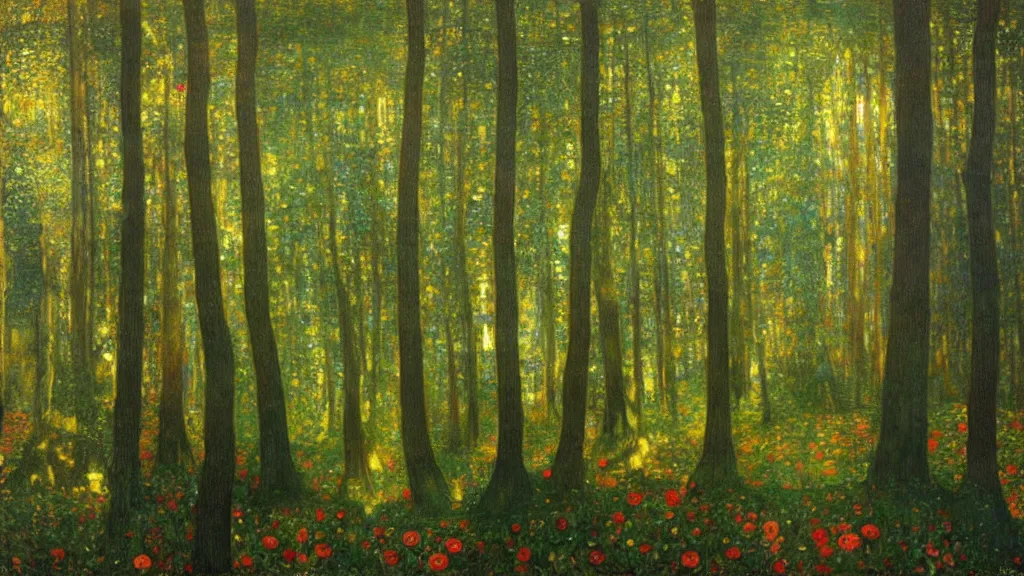 Prompt: A Gustav Klimt oil painting of a hauntingly beautiful elven forest in the morning; rays of light coming through the canopy; trending on artstation; extraordinary masterpiece!!!!!!; 8k