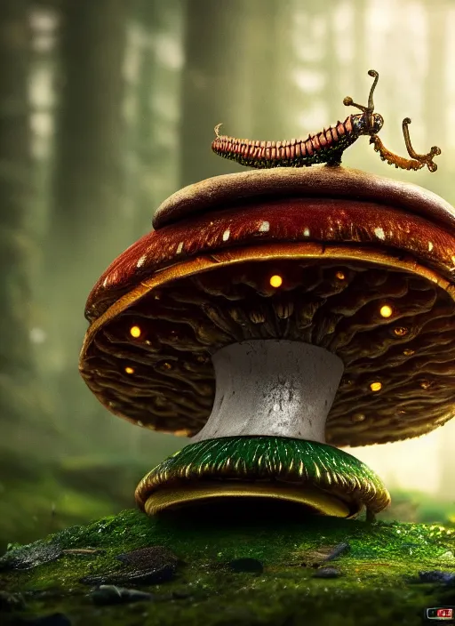 Image similar to intricate mechanical caterpillar sitting on top of a mushroom in a magical forest. Very detailed 8k. Fantasy cyberpunk horror. Sharp. Cinematic post-processing