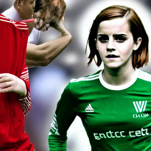 Image similar to emma watson as lokomotiv football player, hyper realistic